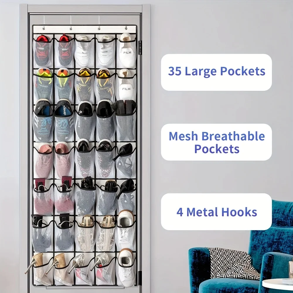 

Hanging Shoes Rack 35 Pockets Over The Door Shoe Organizer Large Mesh Pockets With 4 Hooks Transparent Fabric Home Storage Bag