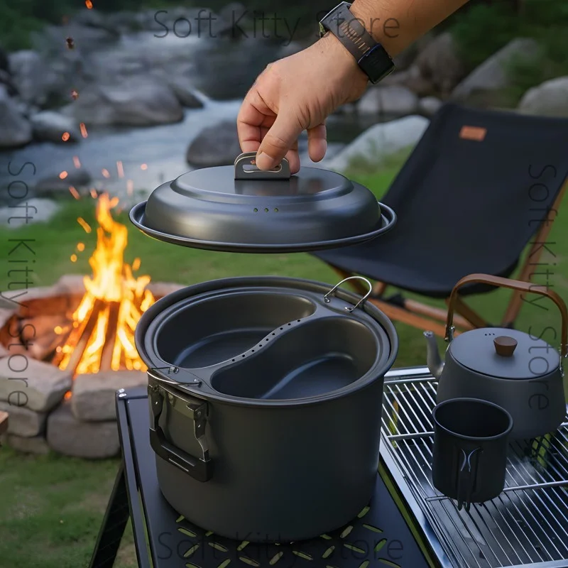 Outdoor set pot 6.5L large-capacity mandarin duck pot steamer self-driving barbecue portable camping cooking household soup pot