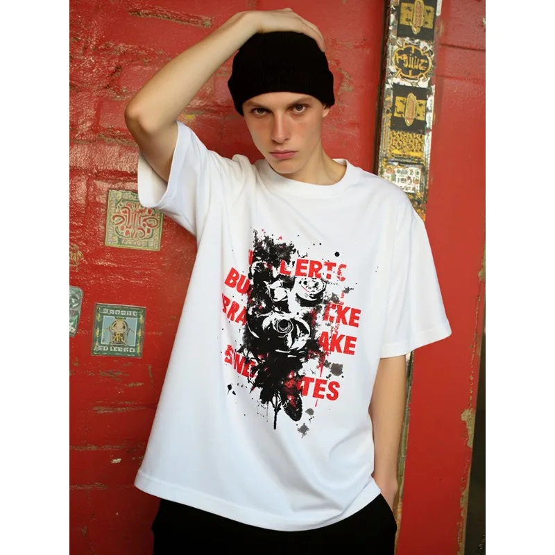 

2025 Summer Men's Round Neck Cotton Short Sleeve Shoulder Line Reinforced Loose Trendy High Quality Printed T-shirt White