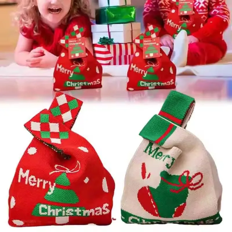 Christmas Eve Santa Decorated Knitted/Canvas Apple Wrapping Bags for Holiday Gifts to Relatives - Eco-Friendly Gifting Solution