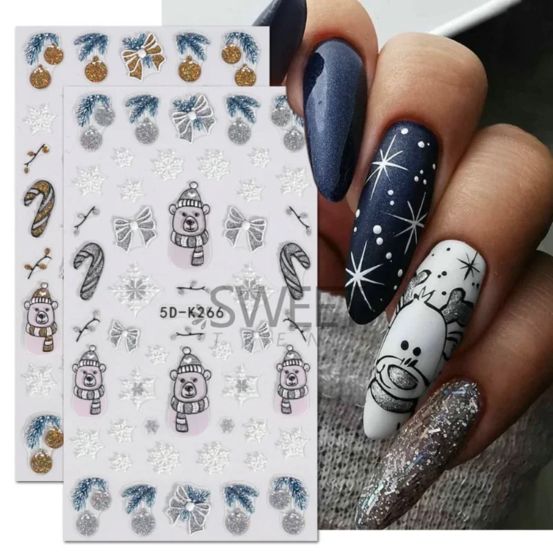 1 Sheet 5D Christmas Nail Art Sticker Red Santa Snowflake Elk Penguin Holly Winter Decal Slider New Year Manicure Decoration