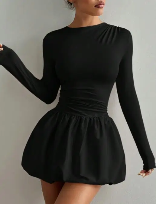 

Autumn New Slim Fit Long Sleeved Dress with Elastic Fluffy Skirt Round Neck Solid Color Waist Cinching Slim Fit Floral Bud Dress