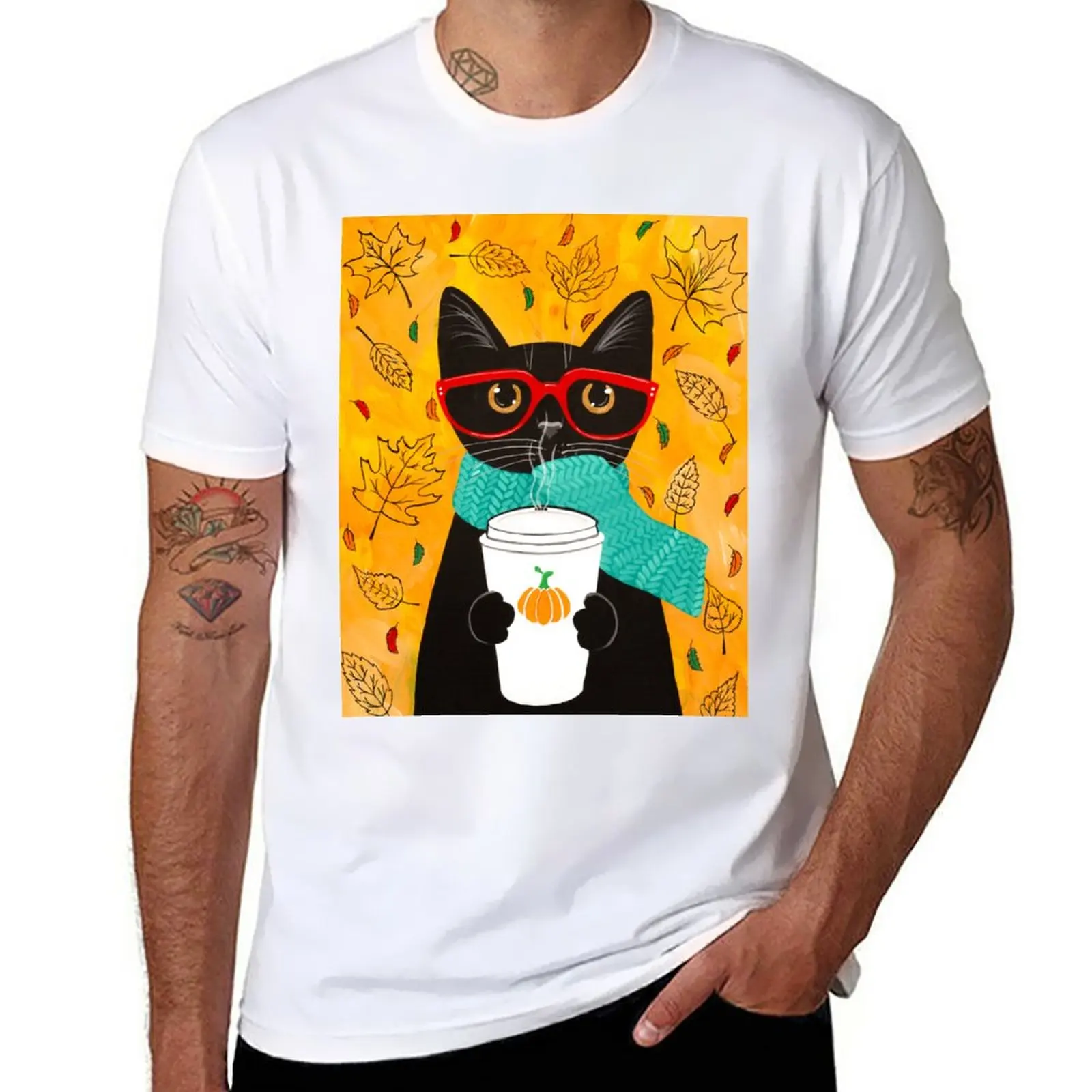 

Autumn Pumpkin Coffee Cat T-Shirt custom t shirts design your own graphic t shirts quick drying shirt Men's t-shirts