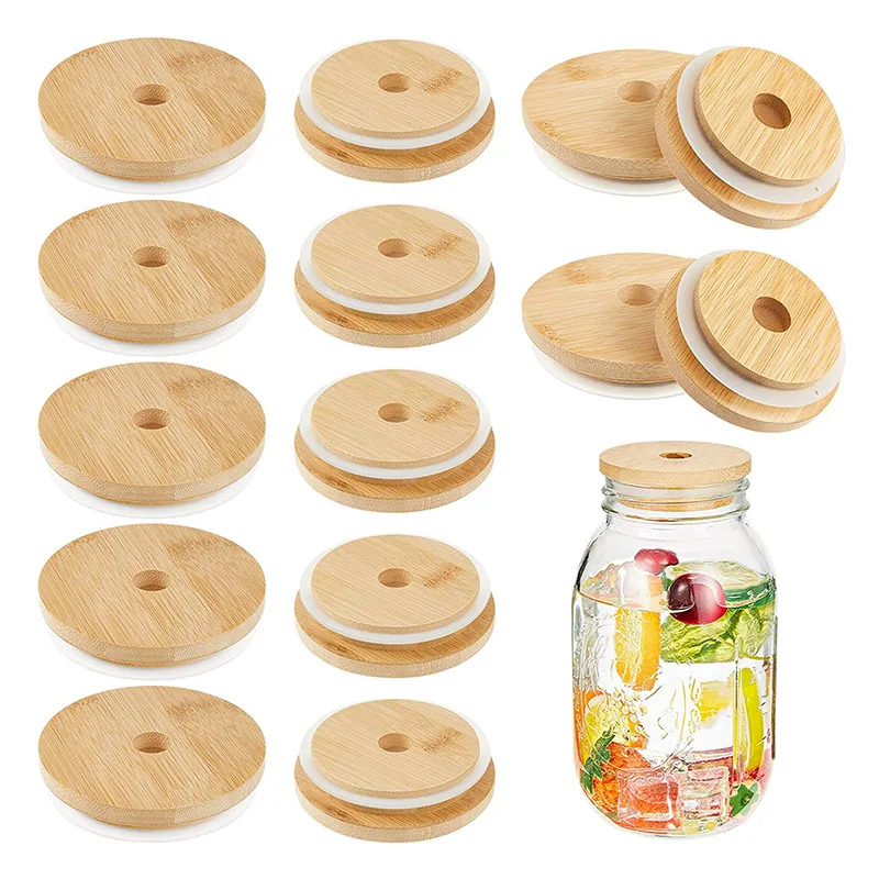 

Reusable Bamboo Cap Lids 70mm 86mm Bamboo Mason Jar Lids with Straw Hole and Silicone Seal 10pcs