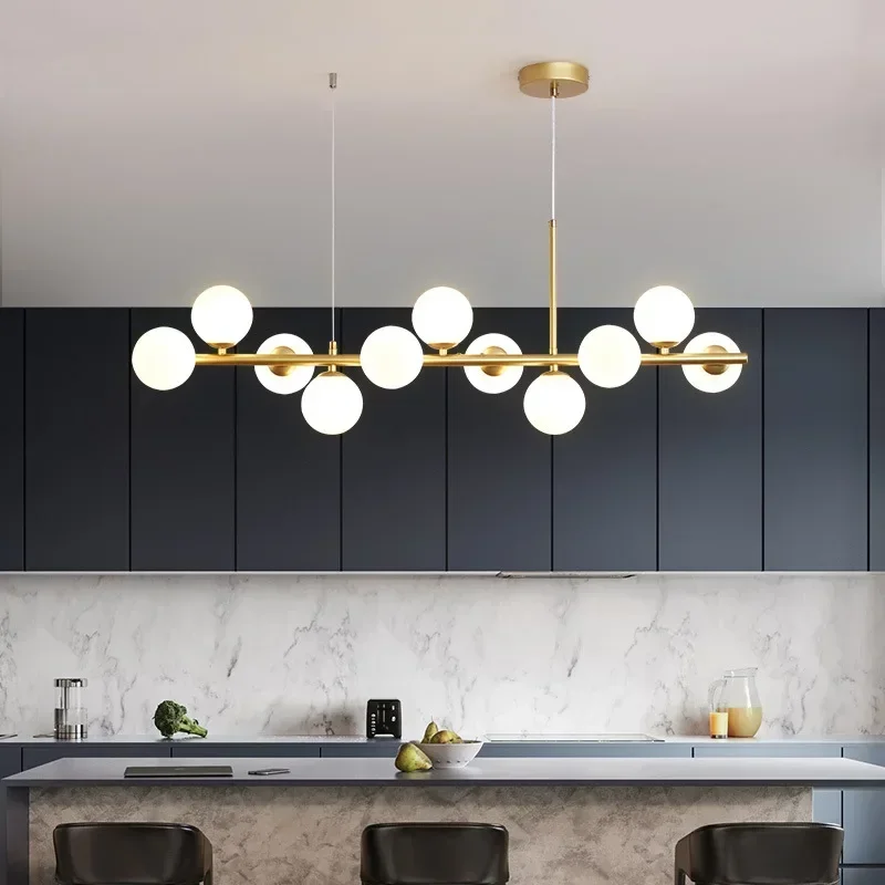 Modern Minimalist Golden Glass Ball LED Chandelier Restaurant Kitchen Coffee Bar Pendant Lamp Designer Hanging Lighting Fixtures