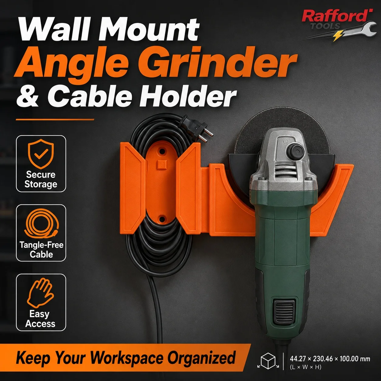 Rafford Wall Mount Angle Grinder Storage Holder, Cable Management Rack, Space Saving Tool Organizer for Garage Workshop