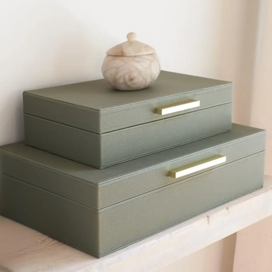 Decorative Storage Boxes with Lids Set of 2 Beautiful PU Leather Organizer Bins for Your Bookshelf Home Decor - Safely Store Ph