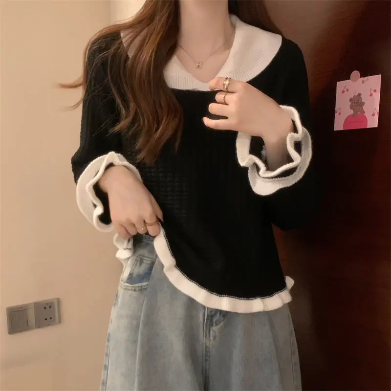 Peter Pan Collar Spliced Knitted Jumpers Female Clothing Contrasting Colors Autumn Winter All-match Korean Long Sleeve Sweaters