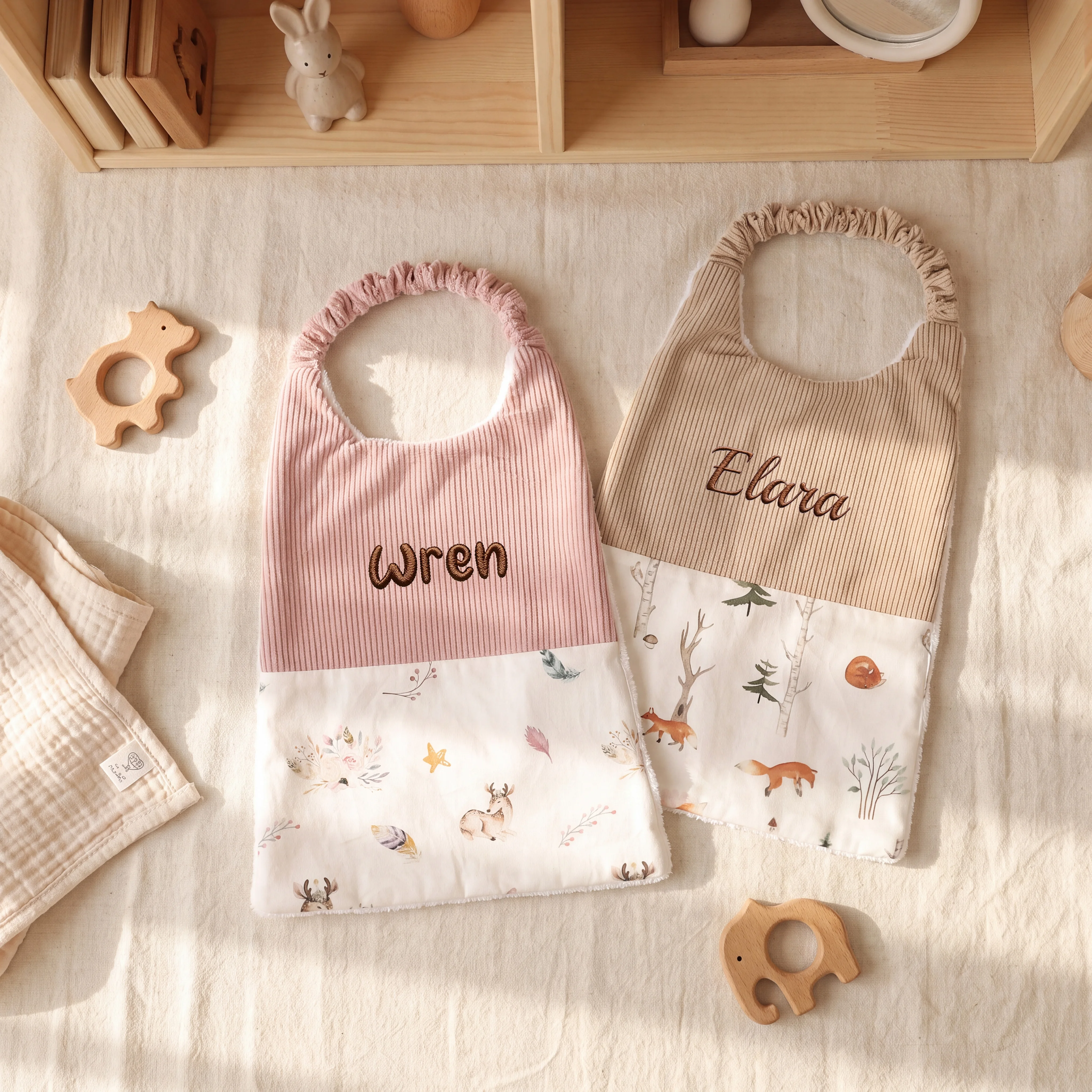 1pc Customized Embroidered Name Kids Bib Woodland Animal Fox Print Soft Ribbed Baby Saliva Bib, Newborn Feeding Apron Gift
