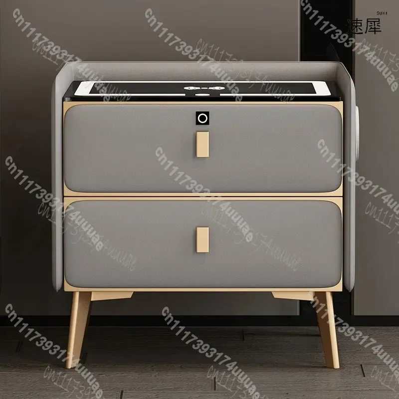 Modern Smart Wooden Nightstand with Wireless Charging and Fingerprint Lock Multi-function Bedroom Bedside Table Storage