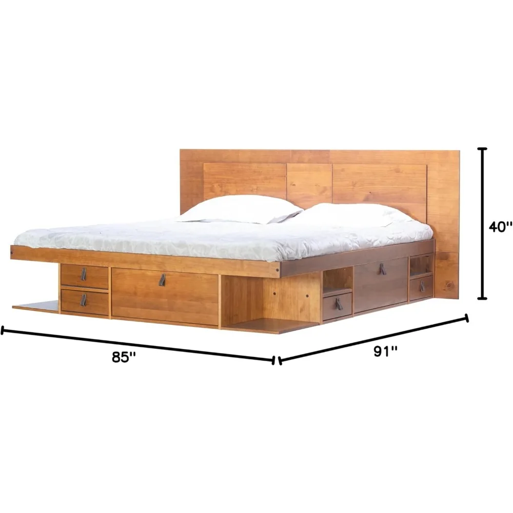 Bed Frame, King with Drawers, Storage Platform Bed, Flat Headboard, No Spring Mattress Required, Platform Beds Frame