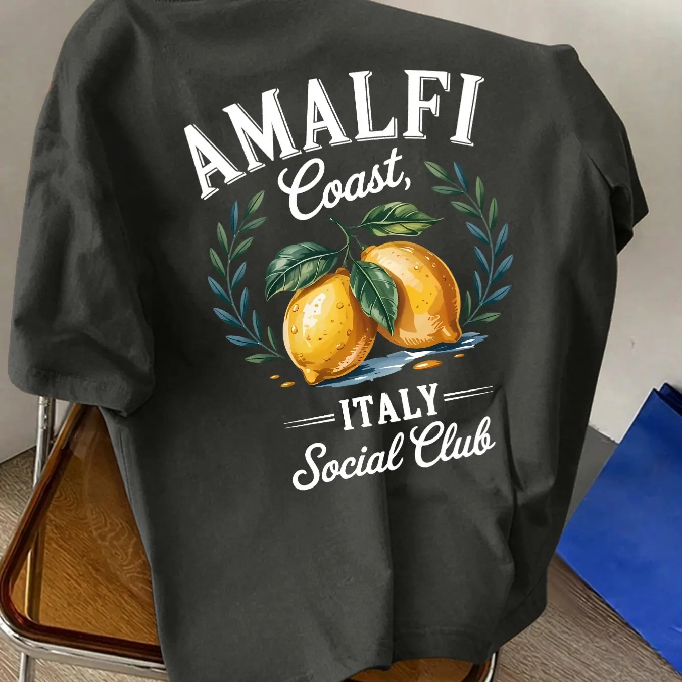 Men's new pure cotton crew-neck short-sleeved t-shirt with Amalfi Coast Italian lemon print, suitable for vacationand casualwear