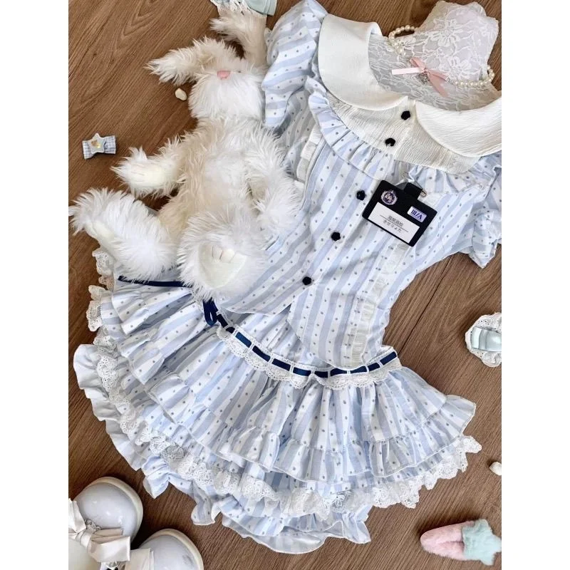 Y2K esthétique damier haut rayé robes ensemble été japonais mignon petit haut doux moelleux a-ligne jupe t-shirt haut robes ensemble nouveau