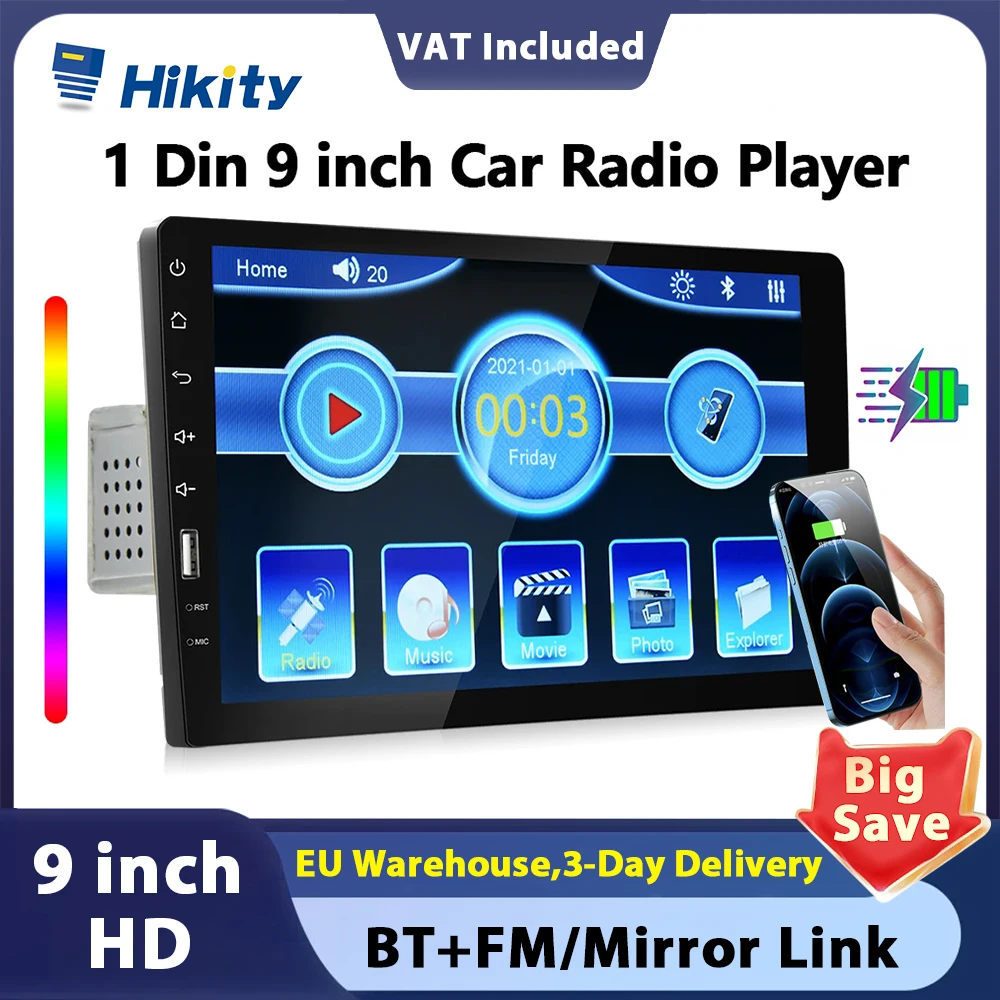 Hikity 9" Touch Screen Universal 1 din Car MP5 Player Bluetooth FM Radio Receiver Autoradio Support Rear View Camera TF/USB