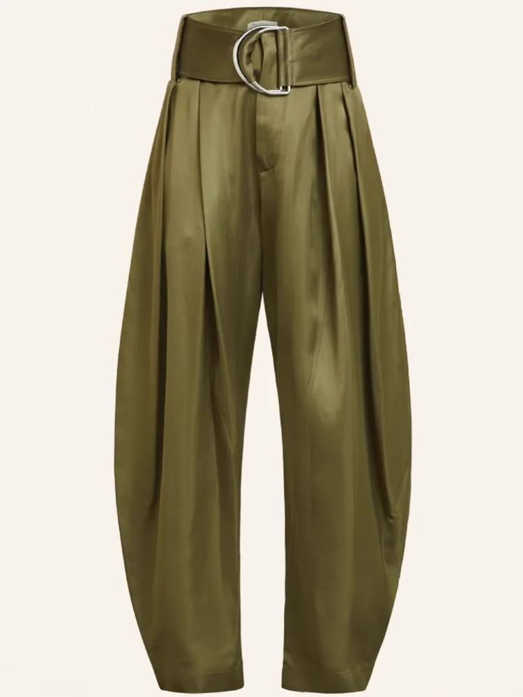 여성용 반짝이는 아미 그린 카프리 팬츠 하이웨이스트 바지 오피스 워크 레이디 풀 렝스 가을 바지 카프리 2026 봄 여름