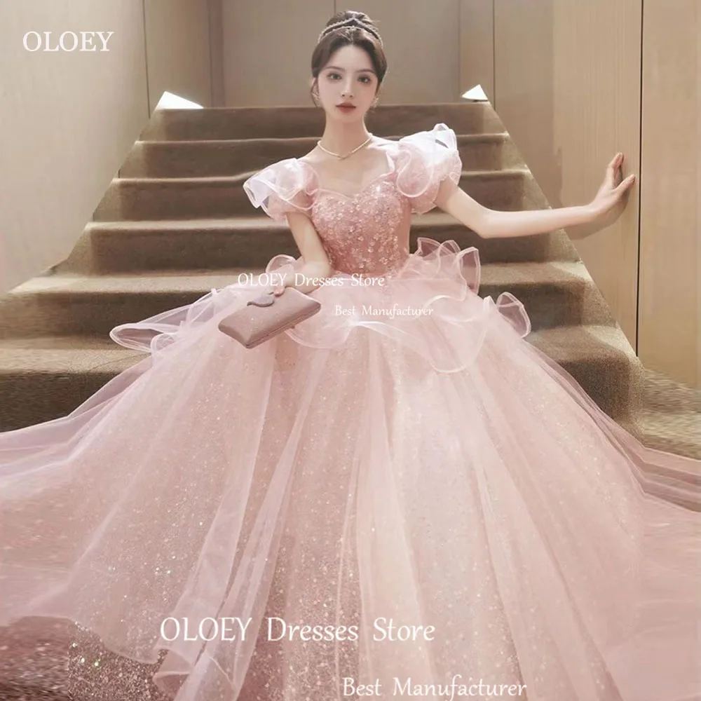 OLOEY Exquisite Pink Sequin Organza A Line Beading Evening Gown Dresses Sweetheart Short Lantern Sleeve Floor Length Prom Gowns