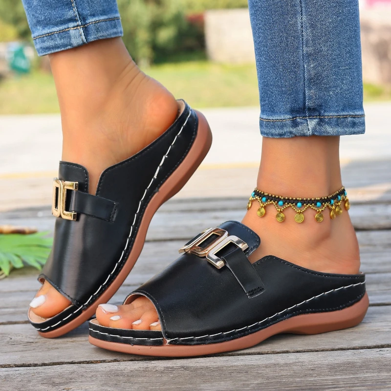 

Women Sandals 2026 Fashion Thick Bottom Sandals Large Size Simple Metal Buckle Shoes Women Summer Trend Slippers Slides Women