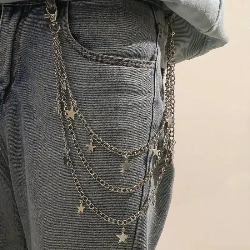 Silver Multi Layer Jean Chain with Cross Pendants Durable Metal Finish Casual Pant Chain for Daily Outfit Collocation