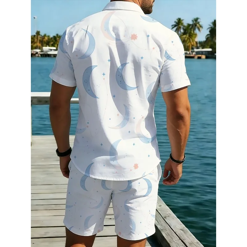 Men's Printed Polyester Shirt Short Set Breathable Comfortable White Two Piece for Beach Pool Casual Outings