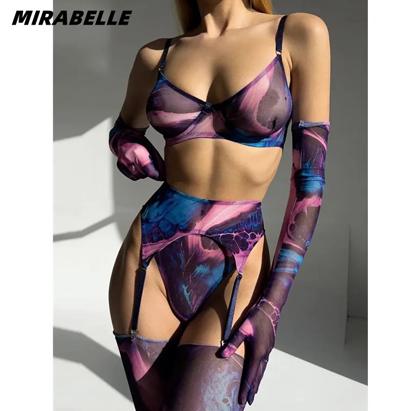 MIRABELLE Tie Dye Lingerie for Ladies Lace Underwear With Stockings And Gloves New in Women\'s Sleepwear Transparent Bra Outfits