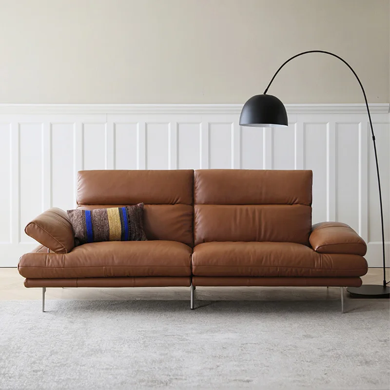 Italian minimalist all-leather sofa small apartment living room headrest adjustable straight row three-person first-layer cowhid
