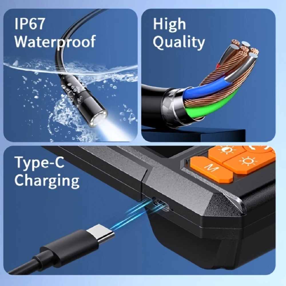 Industrielle Endoskopkamera mit 4,3-Zoll-Bildschirm, HD 1080P, USB, 8-mm-Objektiv, 8-mm-LED-Leuchten, wasserdicht, für die Inspektion von Autoleitungen und Rohren. – Detail 2