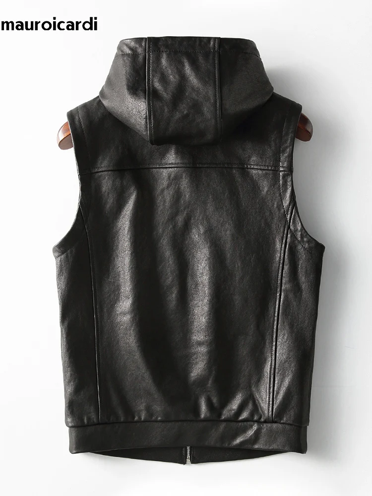 Mauroicardi Lente Herfst Luxe Elegant Cool Zwart Pu Lederen Vest voor Mannen met Kap Rits Mouwloze Jas Mannen Kleding 2023