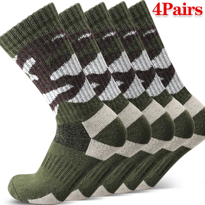 

4 пары мужских камуфляжных носков, зимние носки средней длины с плюшевой подкладкой для занятий спортом на открытом воздухе и холодным восходом, подарок для мужчин