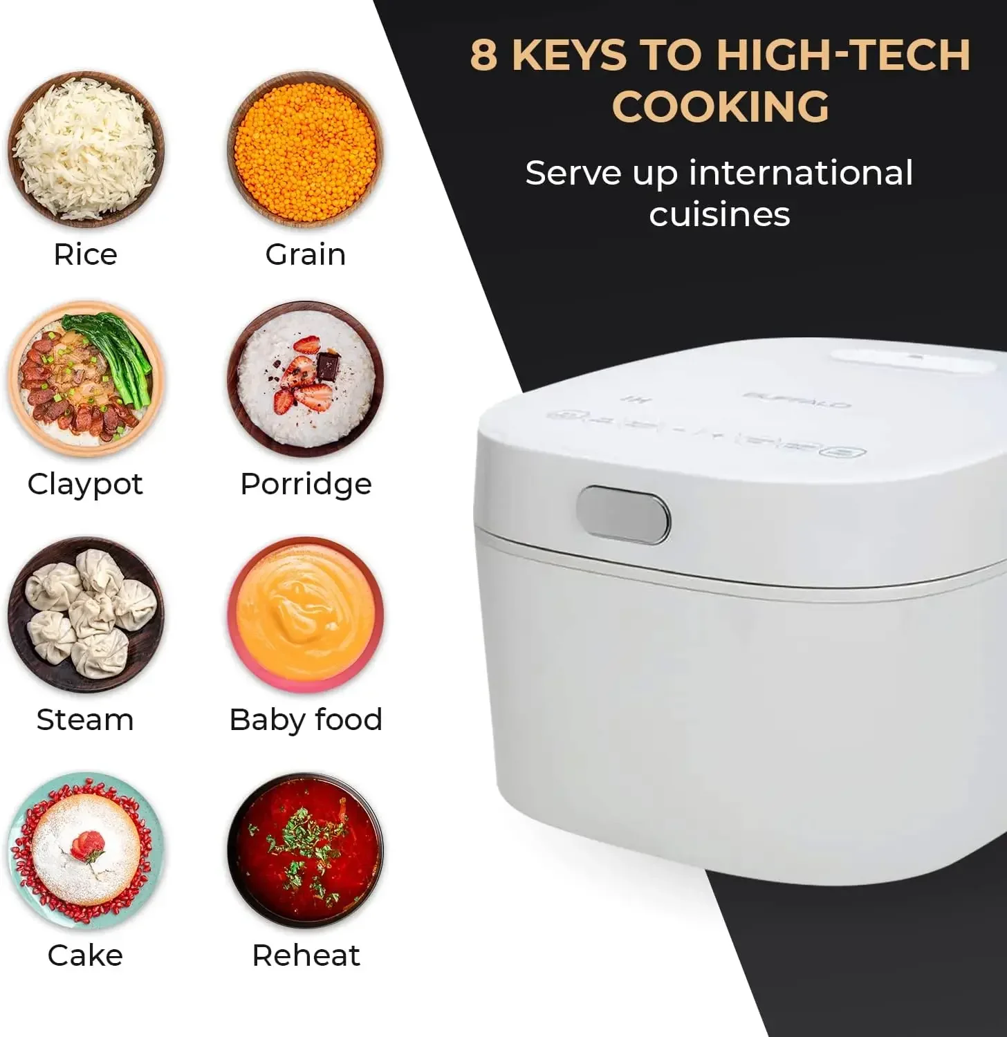 Buffalo White IH SMART COOKER, panela de arroz e aquecedor, 1 L, 5 xícaras de arroz, panela interna sem revestimento, eficiente, função múltipla