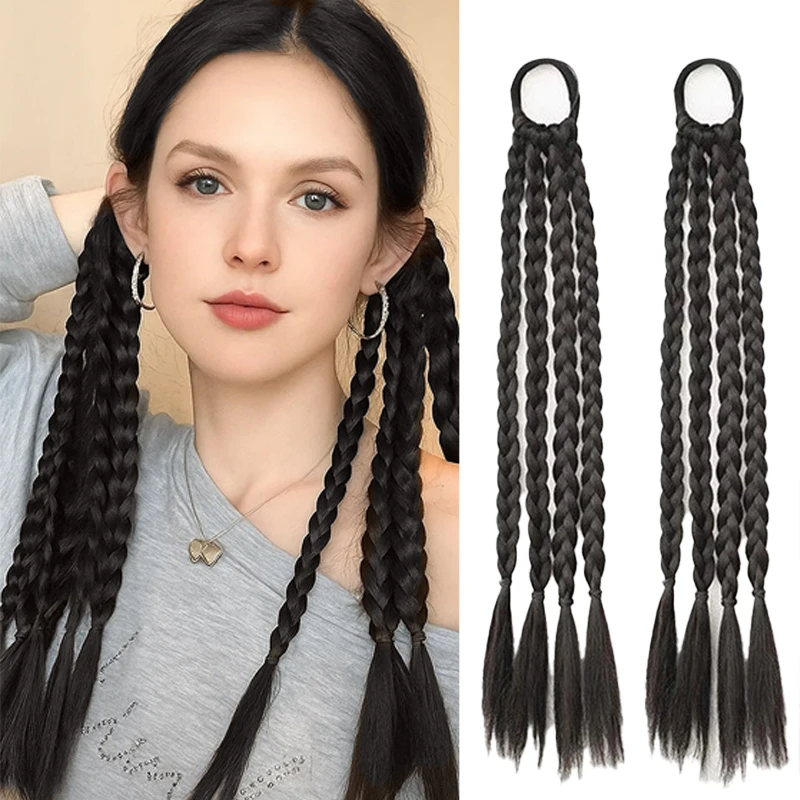 

LUPU 2pcs Hair Pigtails Wig Synthetic Extensions Ponytail 18inch Highlighted Boxer Braids with Rubber Band False Women Hairpiece