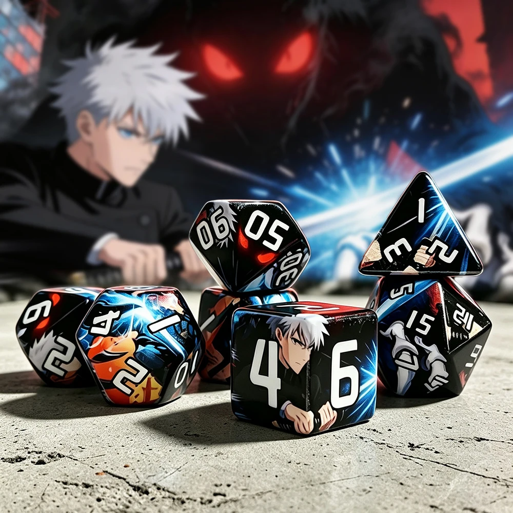 7Pcs/set Anime Art Polyhedral Dice Set, Full Wrap Pattern DND RPG Dice for Dungeons and Dragons Tabletop Role Playing Game Dice