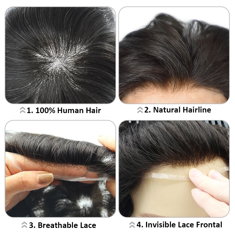 Full Lace Men\'s Capillary Prosthesis Real Human Hair Wigs Breathable Man Toupee Hair System Unit Bleached Knots Natural Hairline