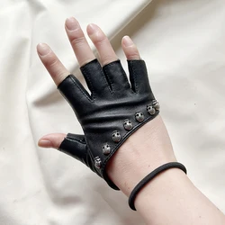 Girl's Half Finger Gloves True Sheepskin Gloves Harajuku Dark Lolita Disco girl Goth Punk JK Coseplay