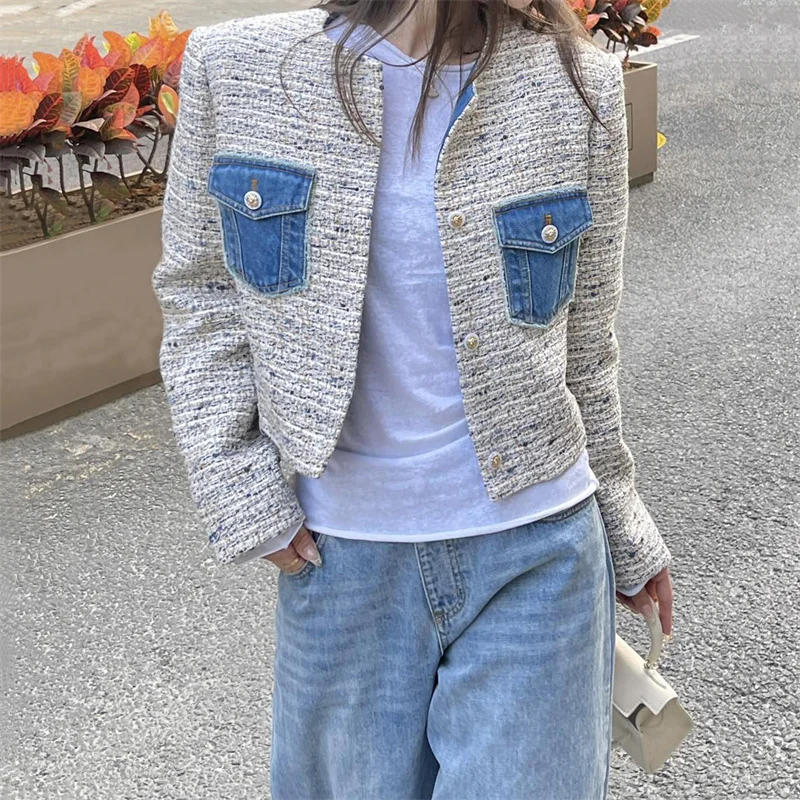 

Women's jacket 2026 Spring new single breasted slim fit long sleeved top denim patchwork women's coat denim jacket outerwears