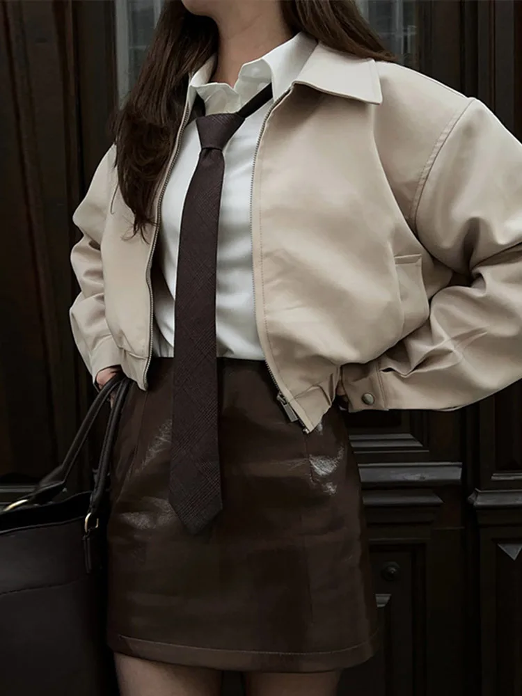 

All-Purpose Jacket Cropped Zip-Up Bomber Jacket Lapel Collar Elegant Jacket Ultra-Cropped Fashionable Thermo-Insulated Coat