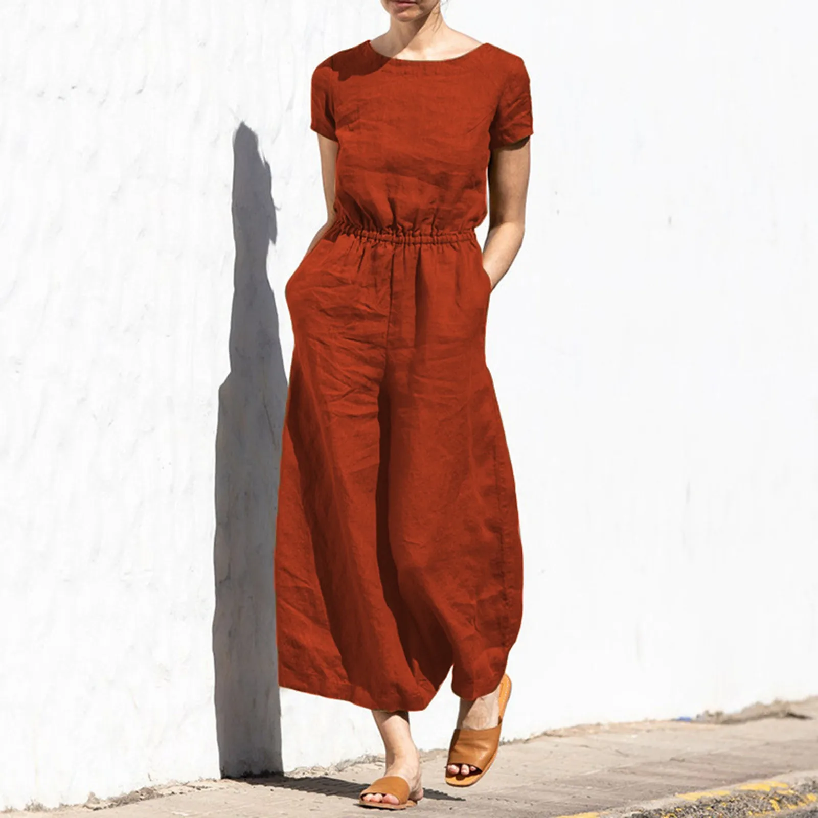 Women'S Casual Loose Overalls Women'S Summer Solid High Waist Short Sleeve Slimming Wide Leg Jumpsuit Casual Loose Fit MacacõEs