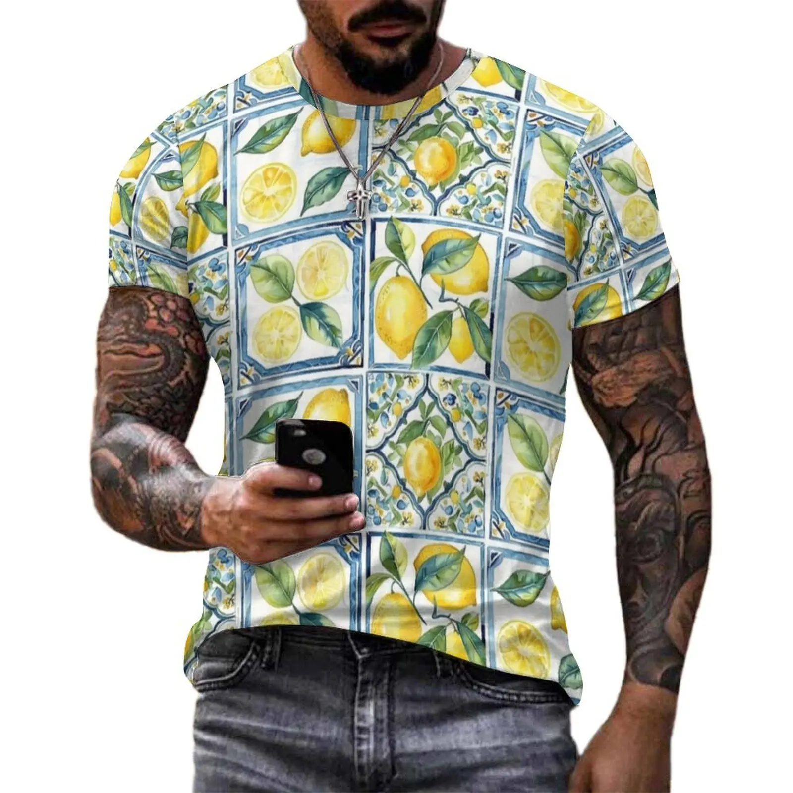 Mediterranean Lemon Tiles T Shirt  Vintage T Shirts Men Funny Tshirt Summer Short-Sleeve Custom Tops Plus Size