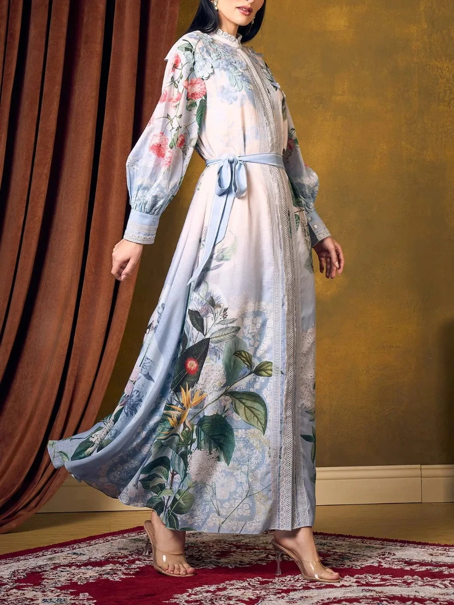 فستان VGH أنيق بطباعة حافة من الدانتيل للنساء بياقة واقفة وأكمام طويلة وخصر عالي ومرقعة وأربطة فساتين طويلة للسيدات #3