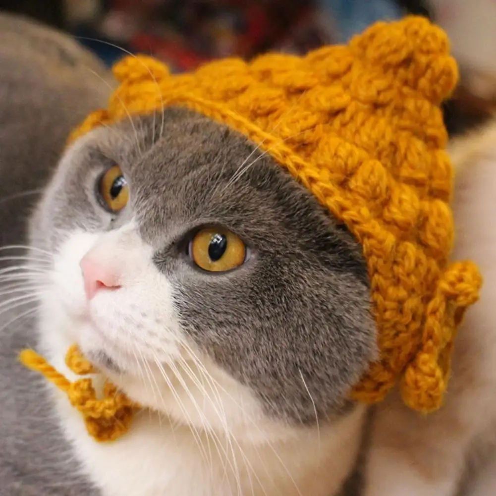 Stylish Pet Accessories Soft Funny Handmade Buddha Hat for Cats Cute Pet Cosplay Headgear with Imitation Yarn Dress for Feline