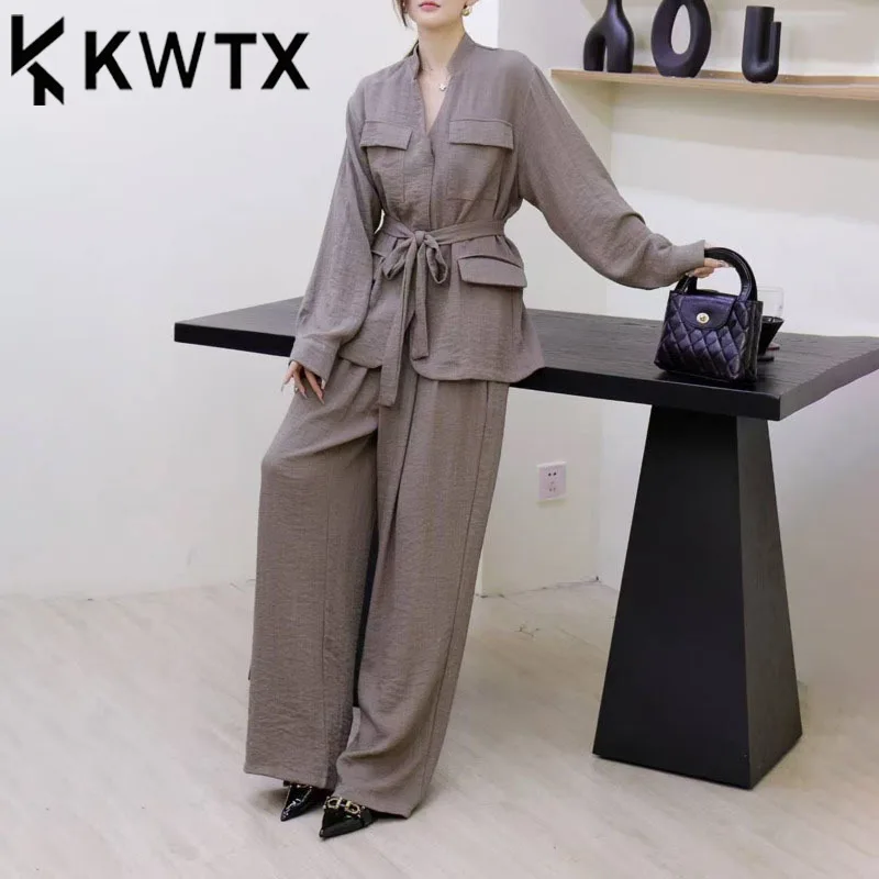 KWTX женский комплект из 2 предметов, весна-лето 2025, куртка с v-образным вырезом и поясом, широкие брюки, повседневный элегантный минималистичный наряд высокого качества