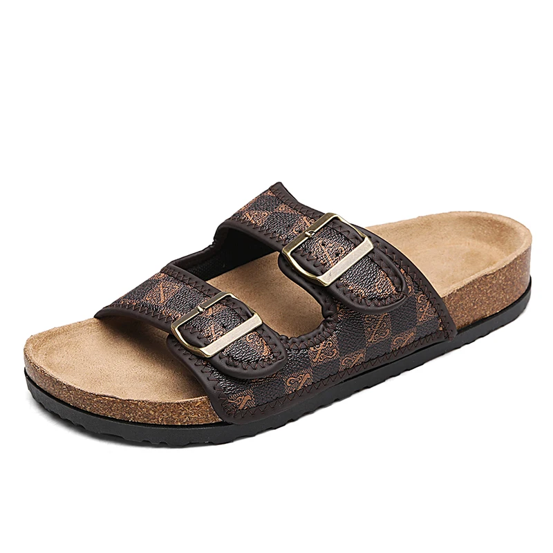 Summer Men Fashion Cork Slippers For Women Slides Clogs Casual Slip On Flat Sandals With Double Buckle Soft Footbed Unisex