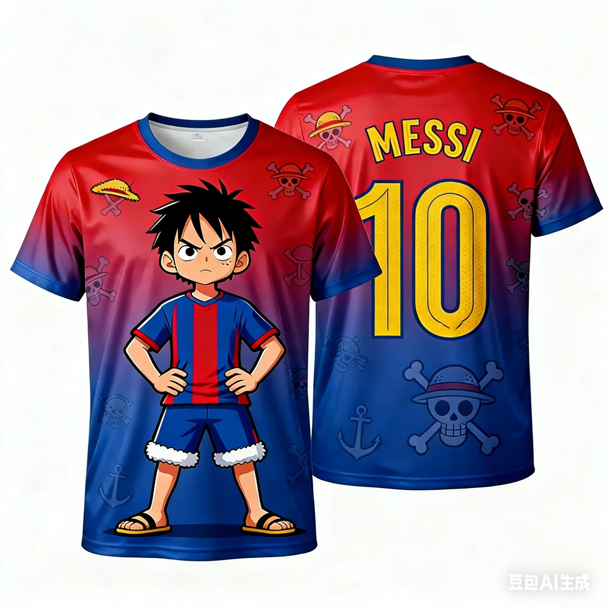 Camiseta de Fútbol 3D de Secado Rápido One Piece Luffy x Messi 10 Barcelona para Hombre, Mujer y Niños, Camiseta de Anime para Fanáticos del Fútbol, Ropa Urbana