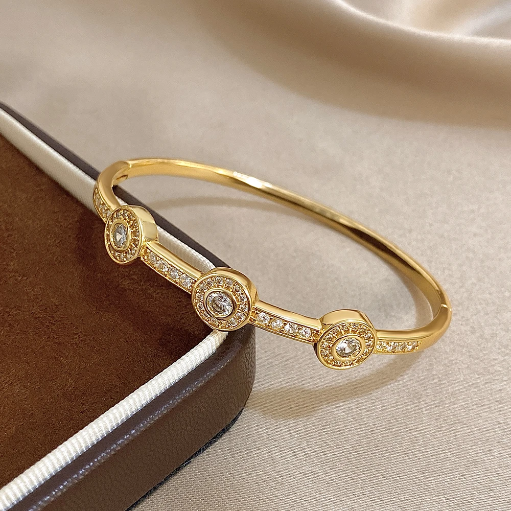 

Trendy Inlaid Rhinestone Gold Plated Open Bangle Bracelet for Women Irregular Geometry Round Spring Bangle Daily Jewelry Gift