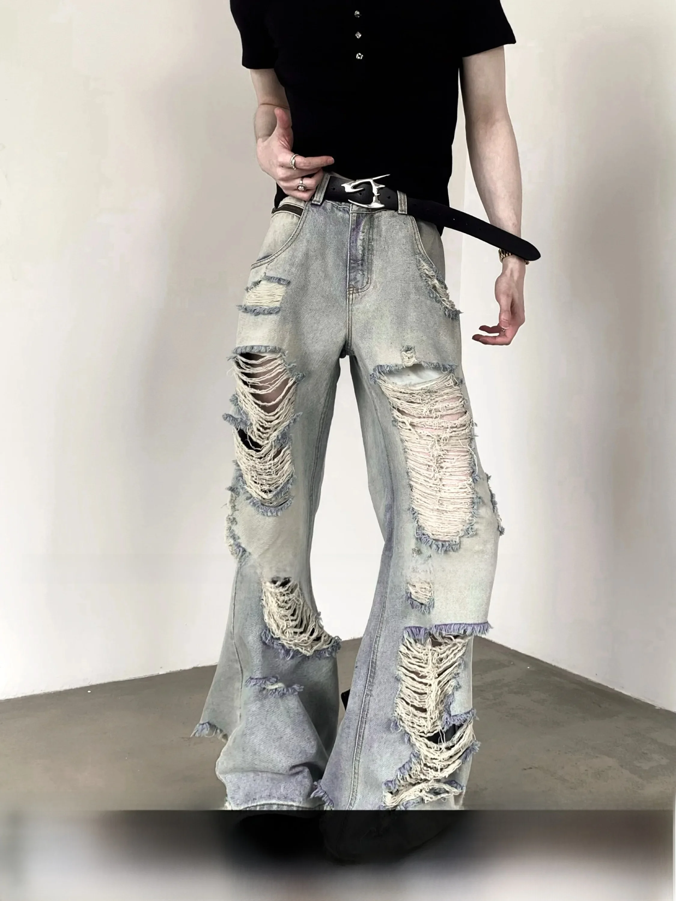 Retro Washed Light Blue Men's Jeans High Street Style Distressed Denim Pants High Waist Wide Leg Pants Asymmetrical Design