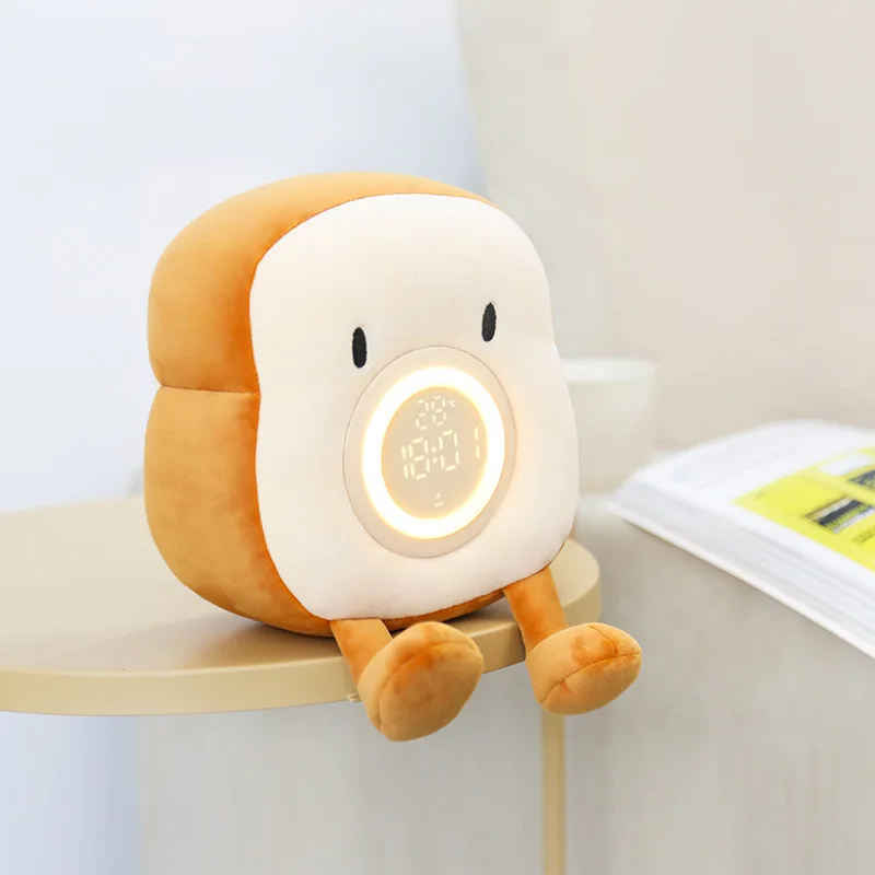 Cartoon Plush Toast Alarm Clock Digital Clock USB Charging Kids Desktop Electronic Clock With Vibration Function Bedside Decor