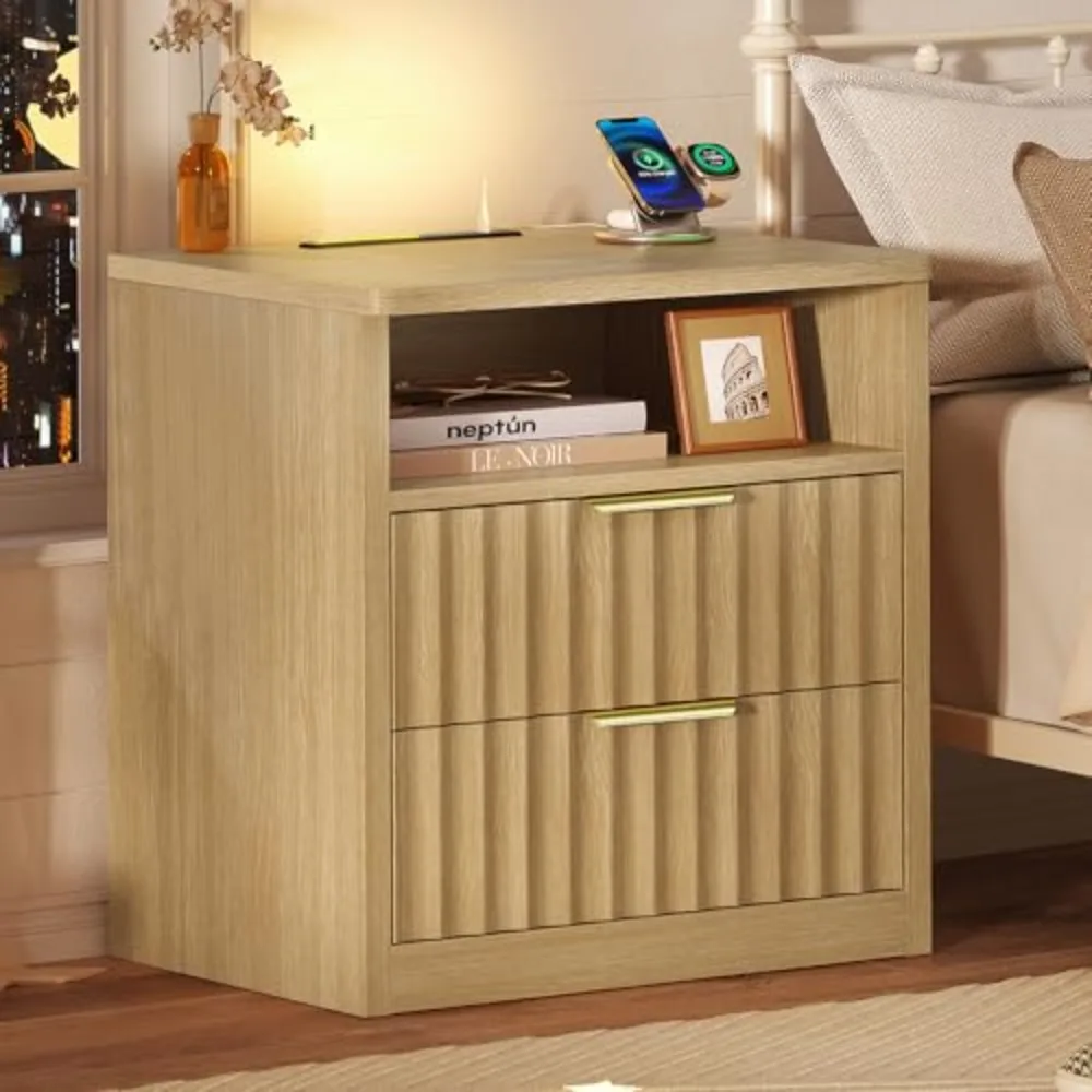 Fluted Nightstands Set of 2, Night Stand with Charging Station and LED Light, Storage Drawer and Open Shelf, Modern