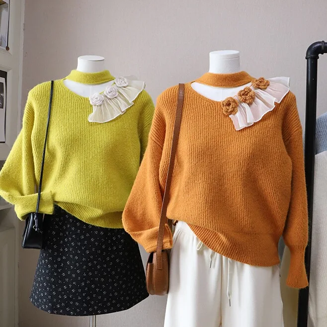 

Женский свободный вязаный свитер, осень-зима, новый Sle, ленивый, сладкий, для похудения, базовый слой, трикотаж, 3D цветочный дизайн, Sensation