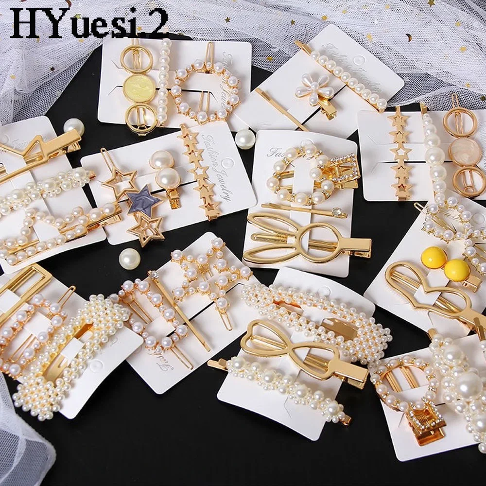 3pcs/Set Elegant Pearl Hair Clips Pin Women Girls Summer Golden Metal Geometric Bangs Hair Barrettes For Bridal Headwear