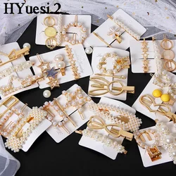 3pcs/Set Elegant Pearl Hair Clips Pin Golden Metal Geometric Pearls Flower Bridal Hair Barrettes For Women Girls Party Headwear