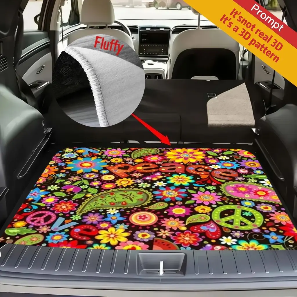 1pc Vintage Hippie Style Trunk Mat For - Featuring A Vibrant Floral And Peace Symbol Design, Made From Soft And Plush Material F